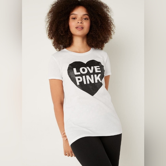 VS PINK White Pink Originals Black Glitter Shine Heart Logo Everyday Tee XL NEW - Picture 3 of 9